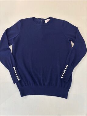 Savida Women’s Crewneck Navy Sweater with white Pearl buttons Detail. Medium